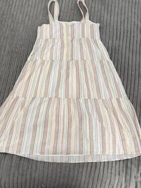 Madewell Dress Size 2 White Rainbow Striped Cotton Button Back Tiered Midi Beach